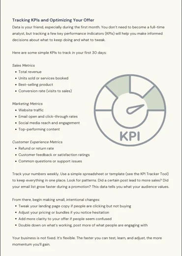 page from the book Start Your Own Business: The Beginner's Guide for Aspiring Entrepreneurs of a KPI diagram and tracking KPI's and optimizing your offer