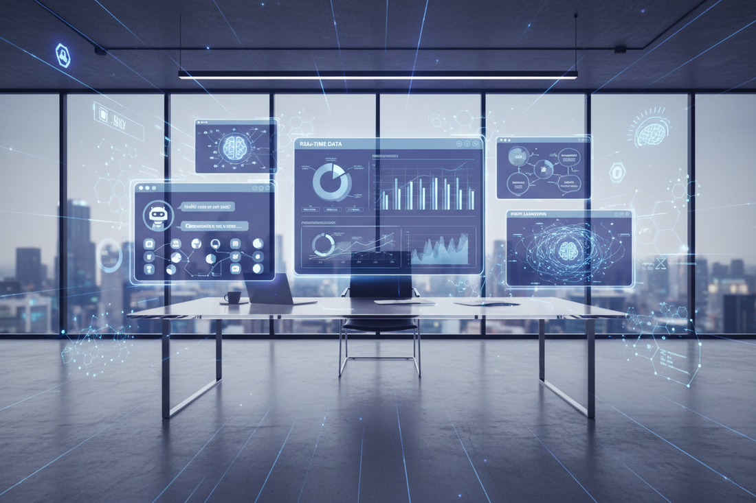 Desk setup with laptop showing AI tools used by entrepreneurs for business productivity