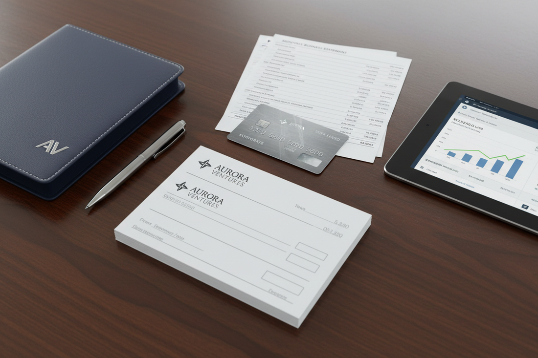 Business debit card and online banking screen representing the benefits of a professional business bank account.