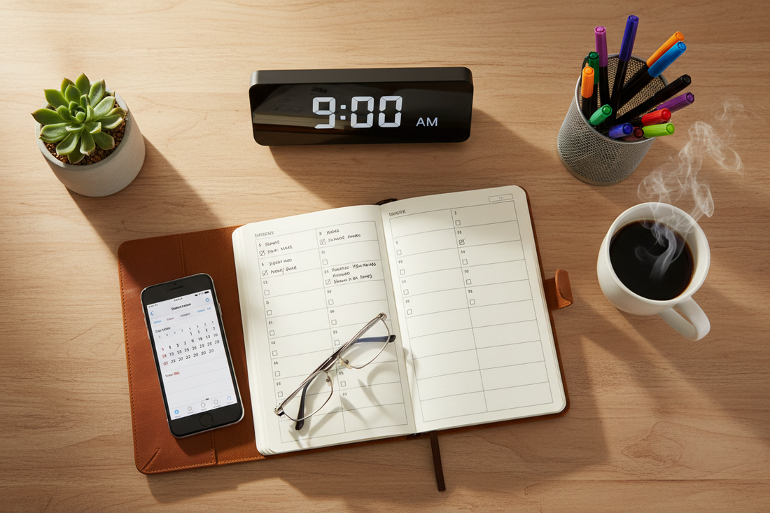 Entrepreneur planning tasks with a clock and notebook to improve time management and productivity.