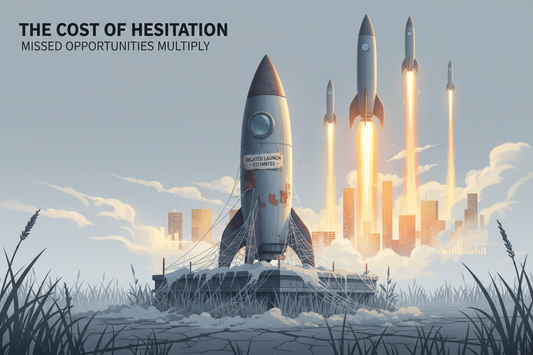 Multiple rockets launching while one rocket sits frozen on ice symbolizing the cost of hesitation and missed opportunities for entrepreneurs.